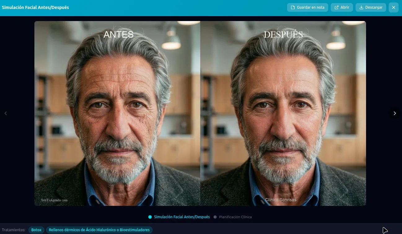 Simulación facial antes y después generada con IA en SoyTuAgenda