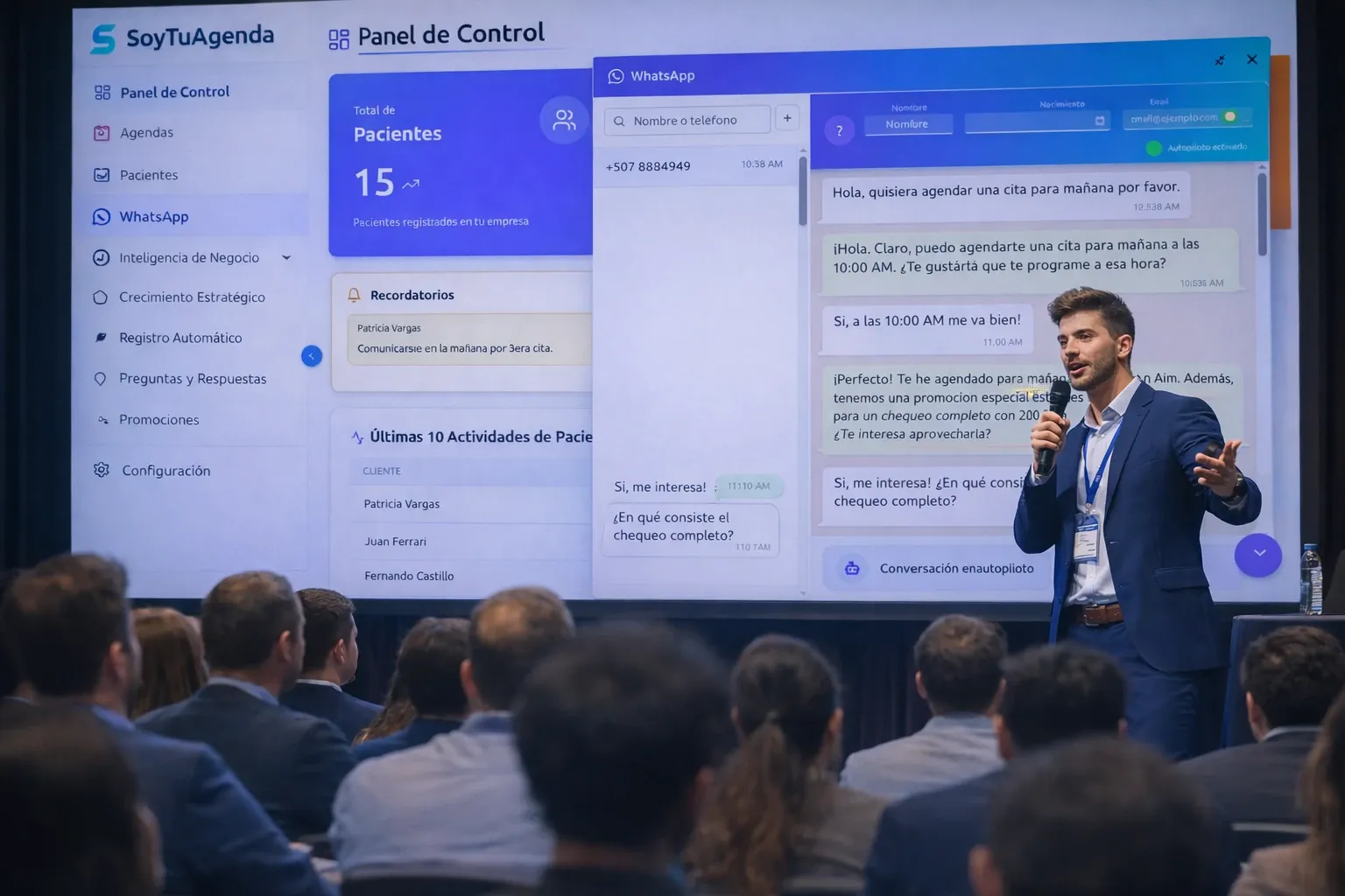 Equipo de una clínica revisando la bandeja de WhatsApp de SoyTuAgenda en una pantalla